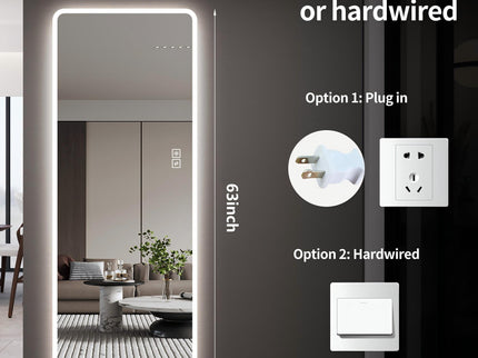 LED Full Length Mirror With Lights, Wall Mounted Full Body Mirror, Dimmable 3 Color Lighting, Anti Fog, Shatter Proof, Memory Function - Clear