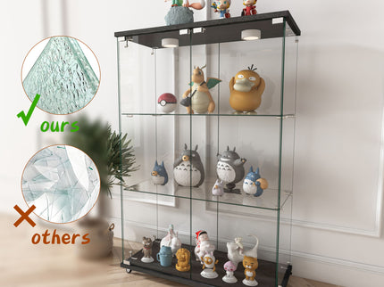 Modern Display Cabinet With LED Lights, Transparent Tempered Glass 2 Door Storage Case With 3 Shelves