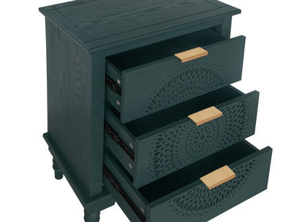 Hollow Carved 3 Drawer Dresser With Metal Handles, Storage Chest For Living Room Or Bedroom - Blackish Green