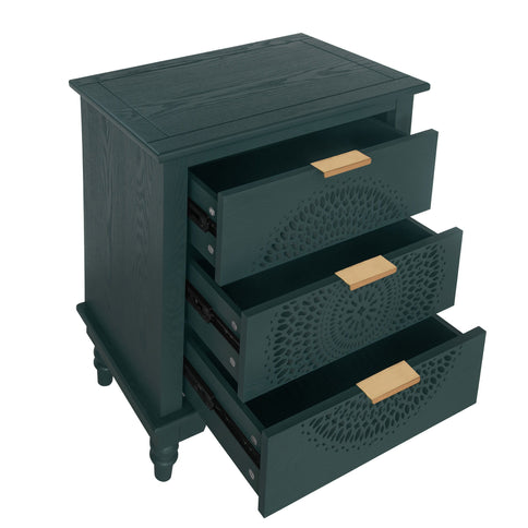 Hollow Carved 3 Drawer Dresser With Metal Handles, Storage Chest For Living Room Or Bedroom - Blackish Green
