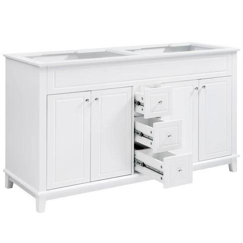 Bathroom Vanity Cabinet Only, 3 Drawers & 4 Doors With Double Layer Shelves - White