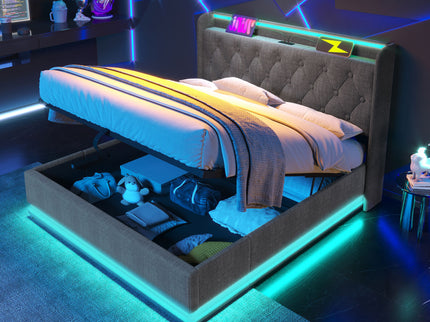 Upholstered Bed, 360 Surround LED Function, Remote Control, Hydraulic Storage Bed With USB, Type-C Charging (Without Mattress)