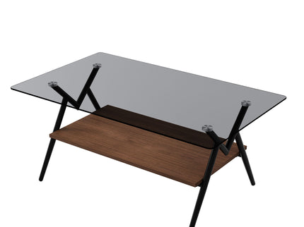 Rectangle Coffee Table With Tempered Glass Top And Shelf, Modern Table For Living Room