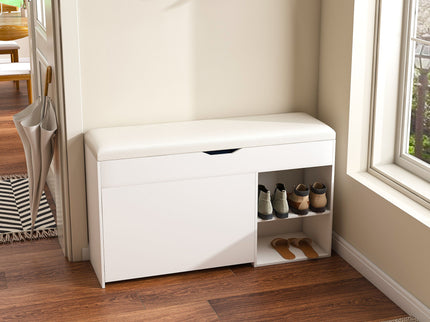 Modern Design Entryway Bench With Adjustable 3 Tier Flip-Up Drawers And Hidden Cabinet - White