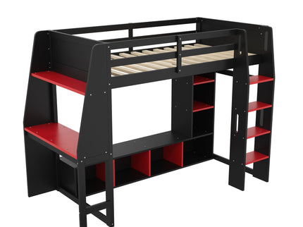 Gaming Loft Bed With Desk, Multi Storage Shelves, LED Lighting, And Hanging Clothes Rack