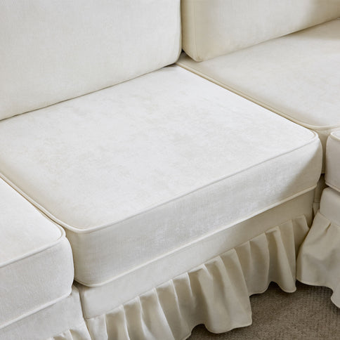 L-Shaped Sectional Sofa With Removable Ruffled Skirt, Flared Arms, Ottoman - White