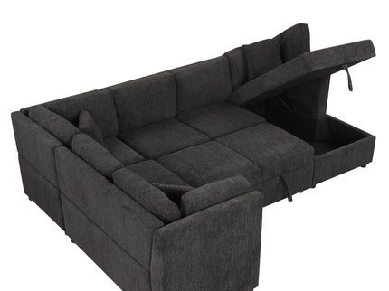 U-Shaped Sectional Sofa Pull Out Sofa Bed With Two USB Ports, Two Power Sockets, Three Back Pillows And A Storage Chaise For Living Room