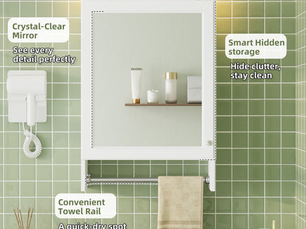 3 In 1 Wall Mounted Bathroom Mirror Cabinet With Adjustable Shelf, Soft Close Door, Mirror & Towel Bar - White
