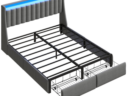 Upholstered Platform Bed Frame With RGB LED Lights, Charging Station & 2 Underbed Drawers