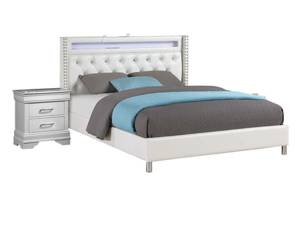 Modern Bed With LED Lights, Charging Port, Tufted Headboard