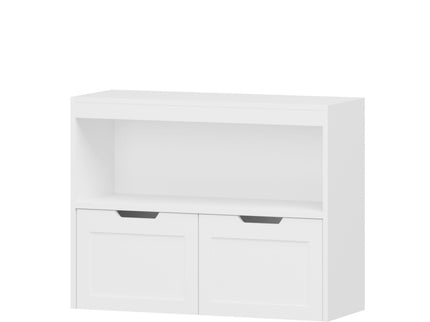 Book Organizer With Large Drawers And Open Shelves, Toy Storage Cabinet With Removable Wheels And Rounded Edges - White