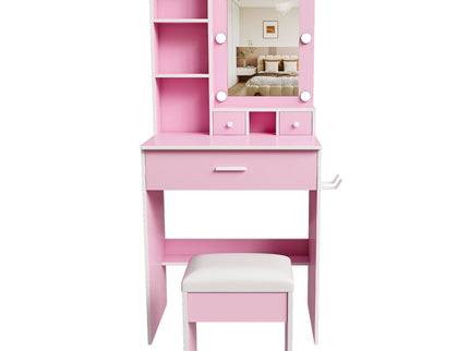 Vanity Table With Mirror, Adjustable LED Lights, Power Outlet, Hairdryer Holder & Stool