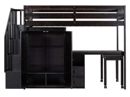 Loft Bed With Stairs, Bookshelf, Drawers, Desk & Wardrobe, Space Saving Multifunctional Furniture