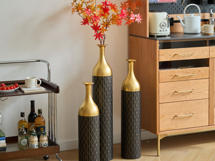 Elegant Floor Vase Set Metal Decorative Vases 3 Piece Set For Floral Display, Wedding & Gift Decor - Gold / Black
