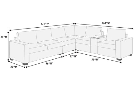 Modern Style L-Shape Sectional Set, USB Ports, Cup Holder