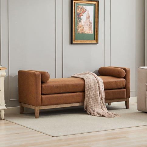 Elegant Upholstered Bench Daybed Ottoman With Bolster Pillows