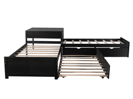 L Shaped Platform Bed With Trundle And Drawers Linked With Built In Desk