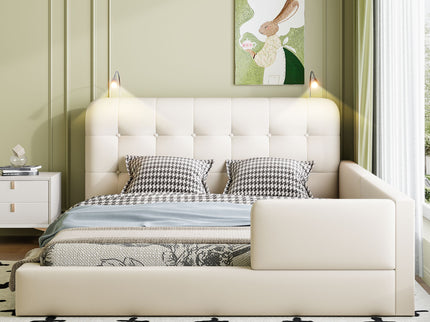 Queen Size Upholstered Platform Bed With 2 Reading Lights - White