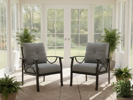 All Weather Armchairs With Cushions, Sculptural Design (Set of 2) - Gray / Khaki