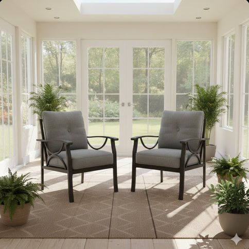 All Weather Armchairs With Cushions, Sculptural Design (Set of 2) - Gray / Khaki