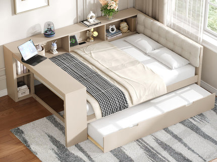 Upholstered Headboard Platform Bed With Storage Shelves, Trundle, Charging Station