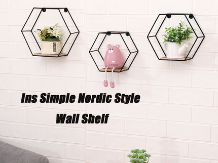 Wall Mounted Hexagonal Floating Shelves - Black (Set of 3) In Different Sizes, Modern Metal Wall Shelf, Simple Wood Partition Storage Shelves, Wall Decor Rack - Natural Wood