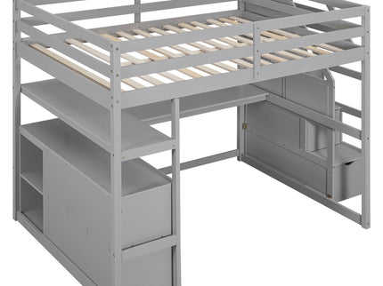 Loft Bed With Desk, Shelves, 2 Drawers, Storage Staircase