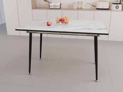 Modern Industrial Expandable Dining Table 47" To With Marble Pattern Top And Metal Legs - White