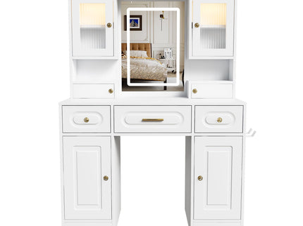 Large Vanity Table Set With Mirror, 6 Drawers & Shelves, Power Socket, Hair Dryer Holder, Cabinet Light, Dressing Desk - White