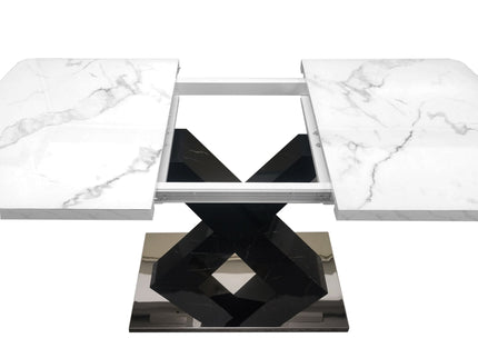 Rectangle Dining Table With Stretchable Top, X Shape Mdf Legs With Steel Base - White / Black