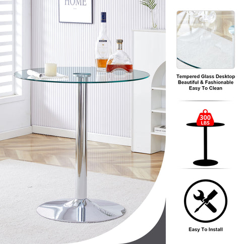 Modern Minimalist Circular Glass Dining Table With Electroplated Metal Legs 35" Diameter - Transparent