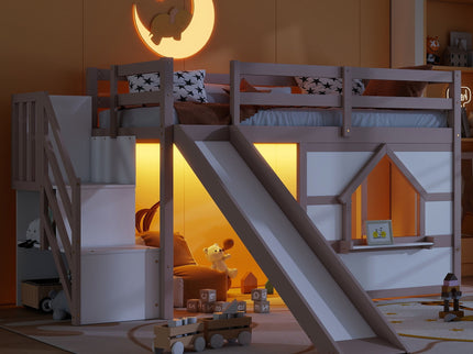 Loft Bed With Storage Stairs, Slide, Playhouse Window And 7 Colors LED Lights