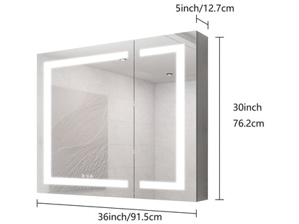 36" X 30" Medicine Cabinet With LED Vanity Mirror, Anti-Fog Recessed Or Surface Mount Bathroom Double Door Large Storage 3000K~6000K Bright Lighted Aluminum Storage Cabinet With Touch Switch - Silver