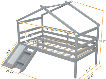 Low Loft House Bed With Slide, Ladder, Safety Guardrails, House Roof Frame
