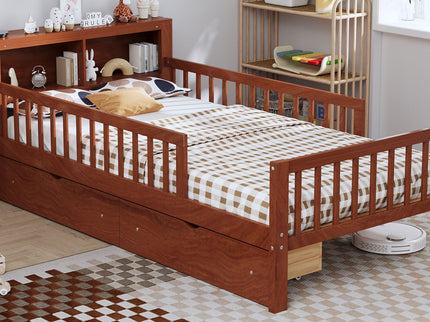 Bed With Headboard Storage Rack, 2 Under Bed Drawers, 3 Side Guardrails For Safety