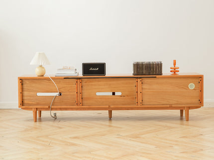 TV Cabinet With Chinese Changhong Glass Doors, Two Drawer Storage Space TV Standing - Cherry
