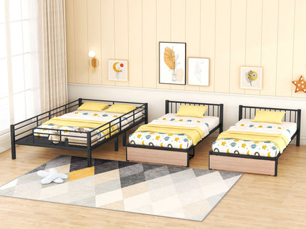 Triple Bunk Bed With Drawers, Multi-Functional Frame With Desks And Shelves In The Middle