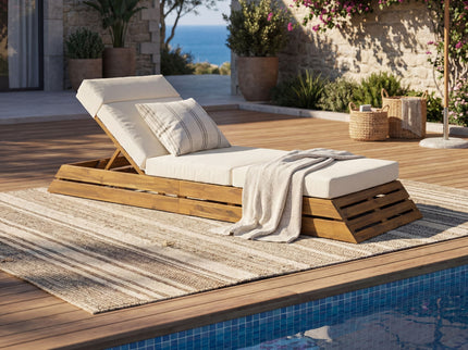 Chaise Lounge Set With 4 Fold Cushion And Built In Headrest, 3 Position Adjustable Backrest, For Patio - Beige / Teak