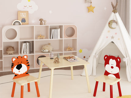 Table And 2 Chairs Set, Activity Play Table Set With Bear & Tiger Design - Natural