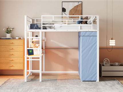 Loft Bed With Desk, Shelves, Power Outlet, LED Light And Wardrobe