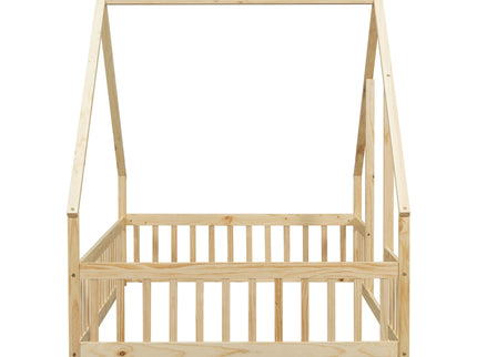 Wood House-Shaped Floor Bed With Fence, Guardrails