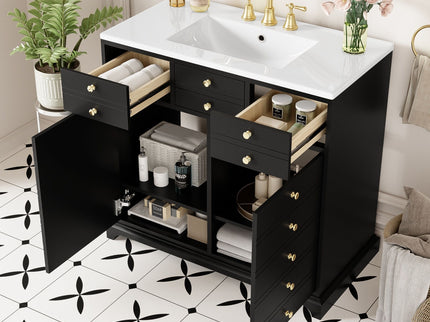 Retro Bathroom Vanity With Sink, Storage Cabinet, Freestanding With 2 Drawers & Soft-Closing Doors