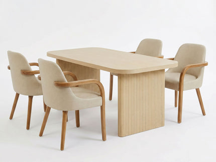 5 Piece Indoor Dining Set With Fluted Table & Chairs - Khaki / Light Oak / Natural