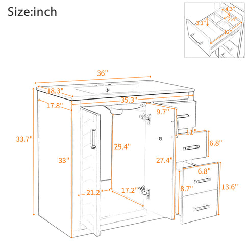 Bathroom Vanity With Sink, Storage Cabinet, Freestanding Set With 3 Drawers & Soft Closing Doors - Indigo