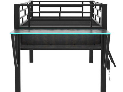 Modern Gaming Mid Loft Bed With Desk And LED Lights