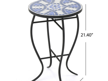 Outdoor Round Side Table With Mosaic Style Top And Curved Iron Legs - Blue / Matte Black