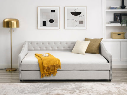 Upholstered Tufted Daybed With Drawers, Waved Arms