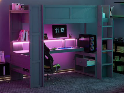 Gaming Loft Bed With Desk, Multi Storage Shelves, LED And Charging Station