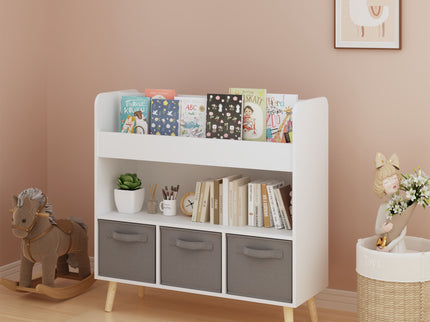Bookshelf With 3 Bins, Storage Shelf For Toys And Books - White