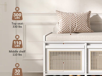 Entryway Shoe Bench With Drawers & Button Tufted Cushion